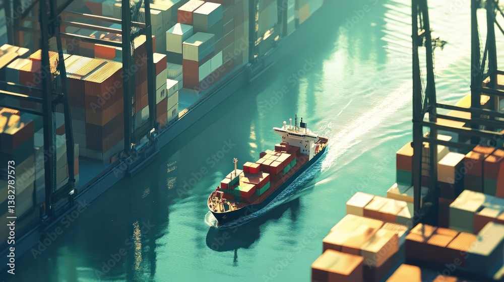 Cargo Ship Moving Containers on Waterway with Dockside Cranes