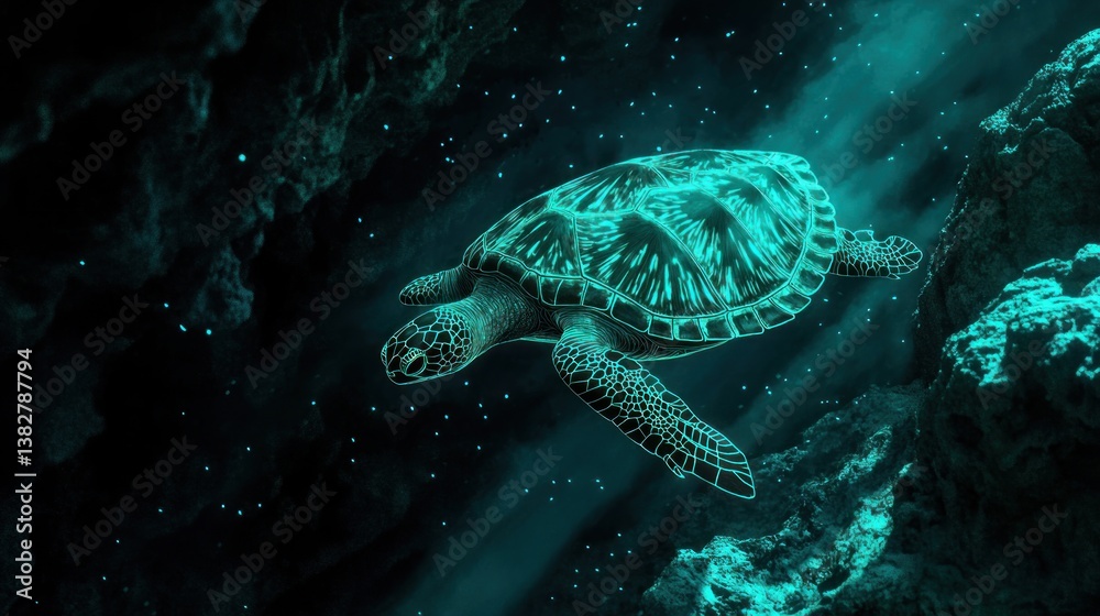 Turtle Swimming Underwater Illuminated in Teal Near Reefs and Stars