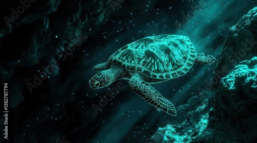 Obraz na płótnie Turtle Swimming Underwater Illuminated in Teal Near Reefs and Stars w salonie