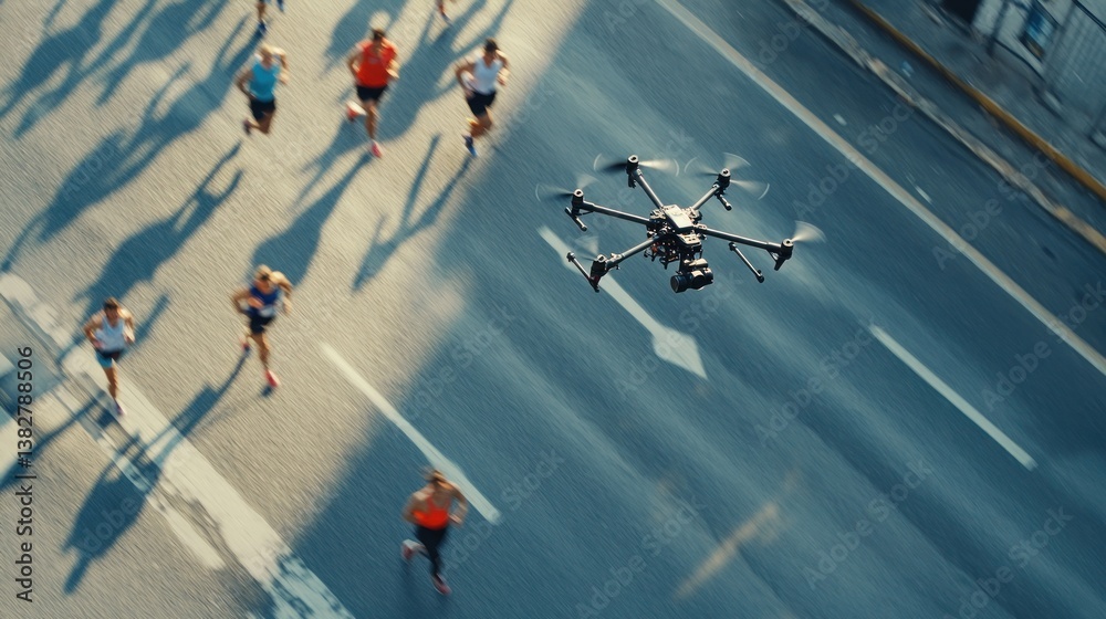 Drone Filming Group Running on Street During Marathon Event Aerial View
