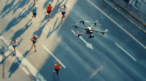 Obraz na płótnie Drone Filming Group Running on Street During Marathon Event Aerial View w salonie