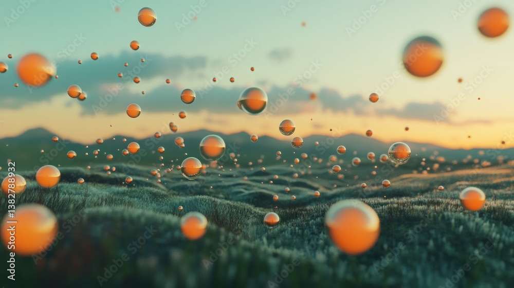 Floating Spheres Above Grassland at Dusk or Dawn Reflecting Sky