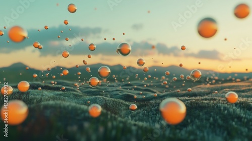Obraz na płótnie Floating Spheres Above Grassland at Dusk or Dawn Reflecting Sky w salonie