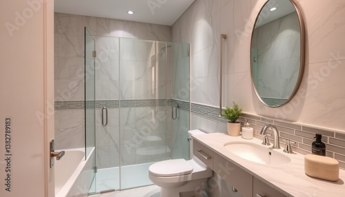 Modern White Marble Bathroom Interior Design with Glass Shower
