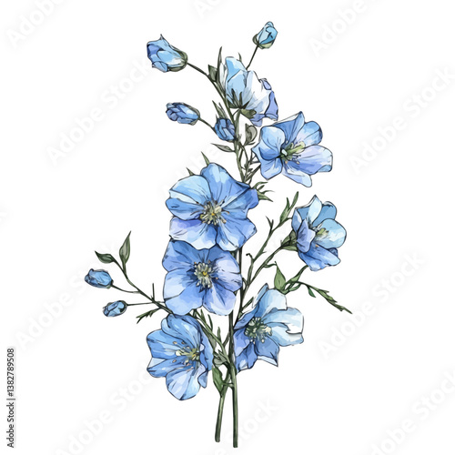 Delphinium bouquet minimalist flat illustration, featuring a clean design isolated on a white background.


