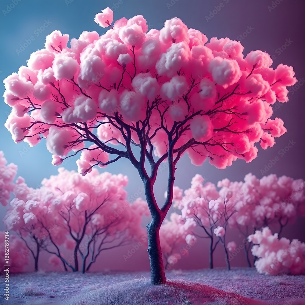 Fototapeta premium Abstract bold acrylic painting showcasing a pastel cotton candy tree in a dreamlike, surreal setting. High contrast, vibrant colors and textured brushstrokes art illustration design