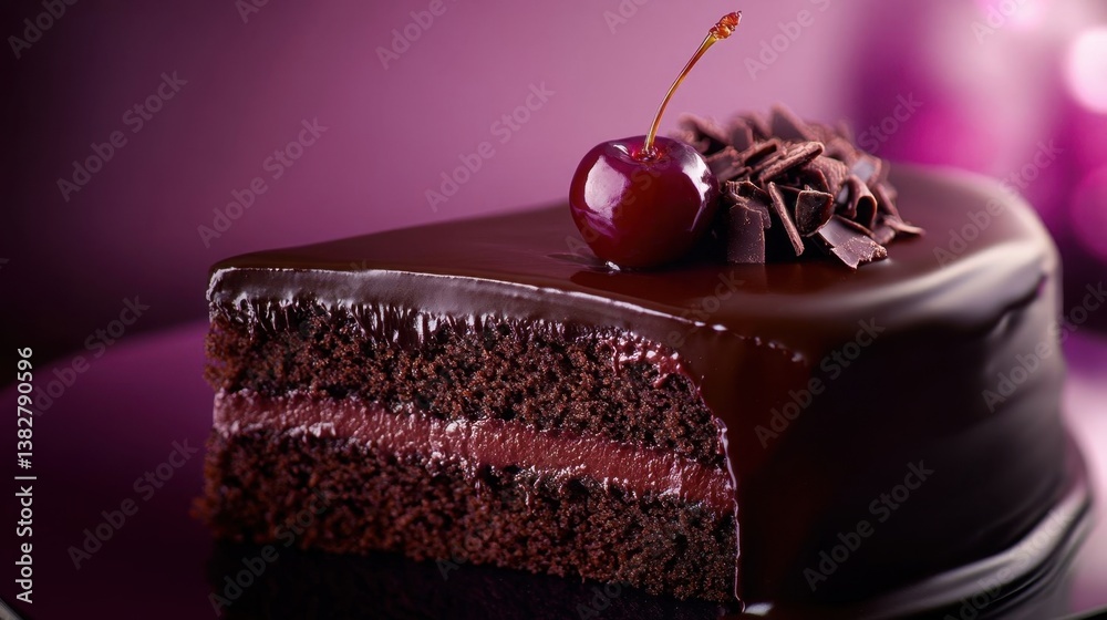 Decadent chocolate cake slice.