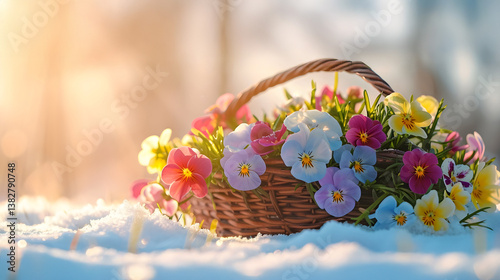 Basket with spring flowers and blooms lying on the meadow with the rests of melting snow and grass growing. Concept of spring coming and winter leaving.