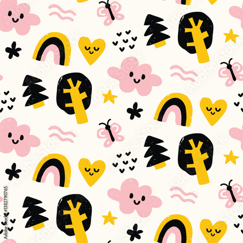 Vector pastel seamless baby pattern, print with different cartoon characters, tree, cloud, hart, butterfly, star,  rainbow, christmas tree for children, kids clothes, wear, apparel