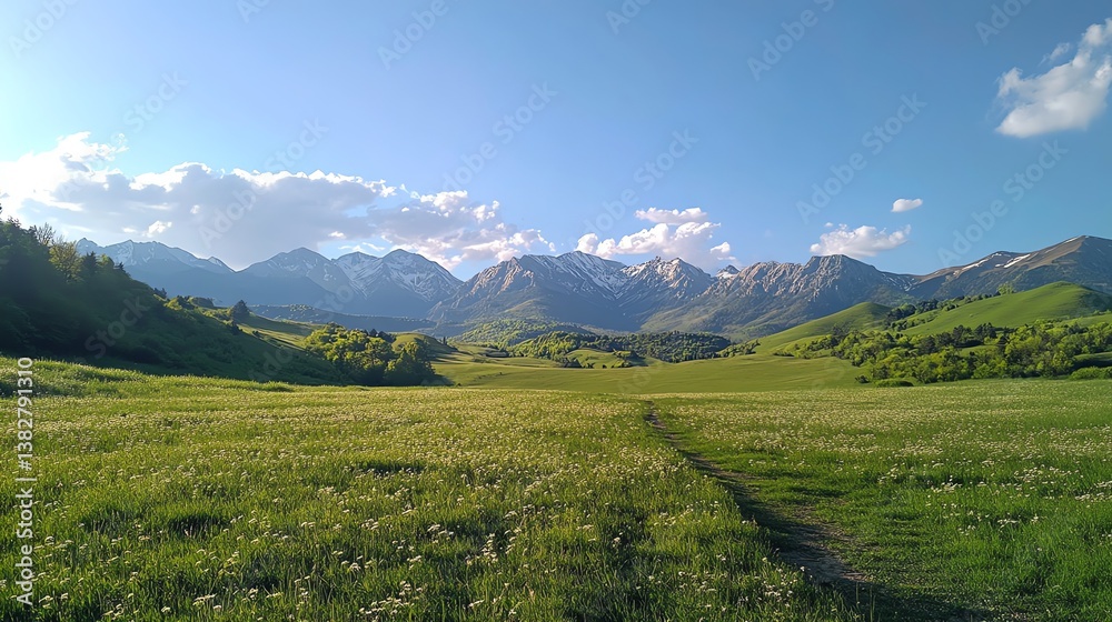 Fototapeta premium A tranquil green meadow stretches towards snow-capped mountains under a blue sky Perfect for nature or travel projects