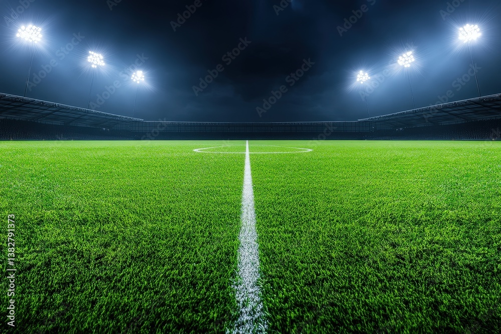 Obraz premium A well-lit football field at night, showcasing vibrant green grass and a centered white line, ready for an exciting match.