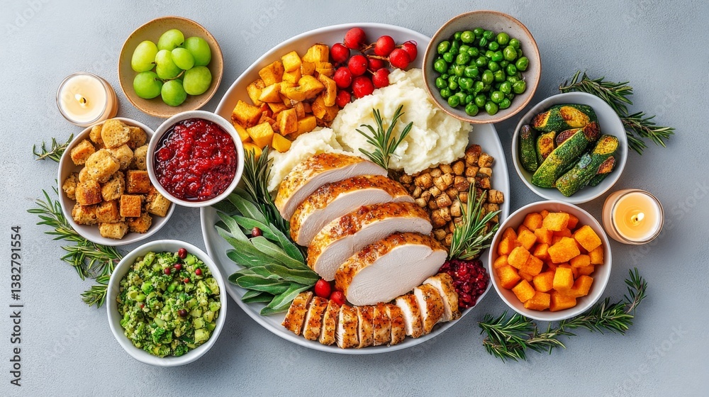 A Thanksgiving dinner table filled with turkey, mashed potatoes, stuffing, and seasonal vegetables, surrounded by warm candlelight A Thanksgiving dinner table filled with turkey, mashed potatoes, stuffing, and seasonal vegetables, surrounded by warm candlelight