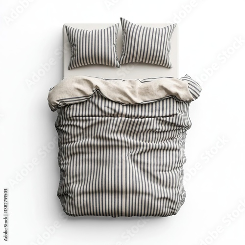 a top view of a bed with a striped comforter and pillows on the white background