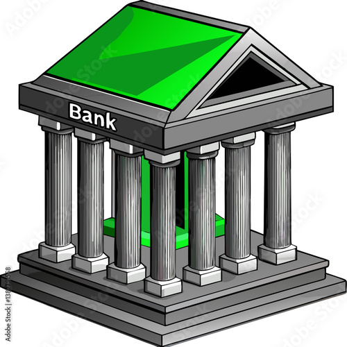 Bank building illustration with green roof and column design  