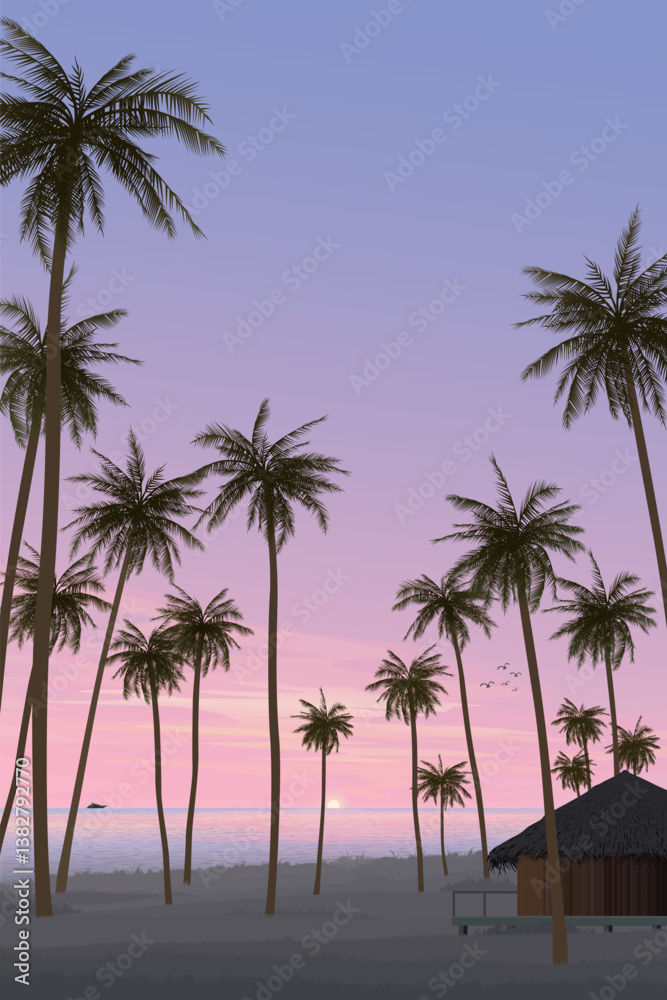 Fototapeta premium Silhouette coconut palm trees and bungalow at seaside with dramatic sky vertical background graphic illustration have blank space.