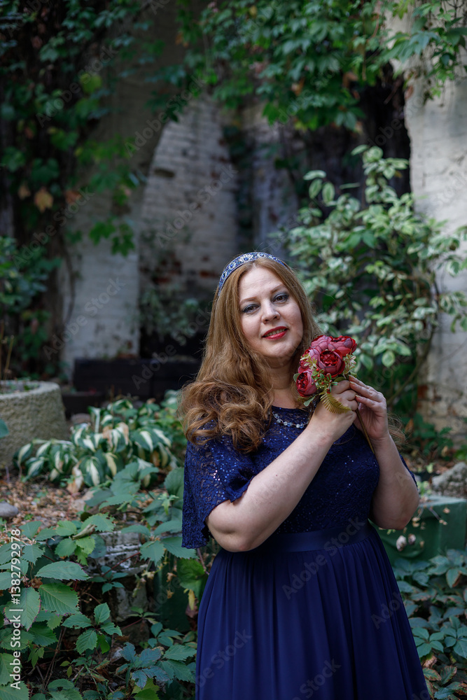 Woman in a long blue dress in the garden.