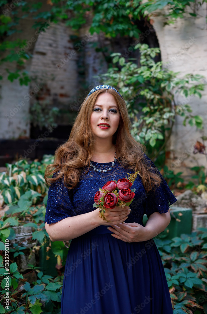 Woman in a long blue dress in the garden.