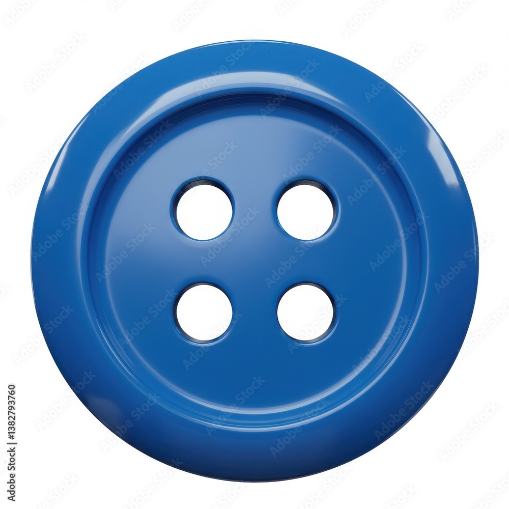 Close up of a shiny blue plastic button with four holes on a white background studio shot Close up of a shiny blue plastic button with four holes on a white background studio shot