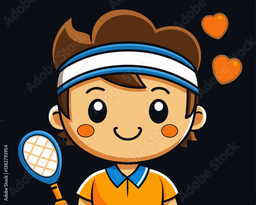 Cute Cartoon Tennis Player Boy Racket Sport Illustration