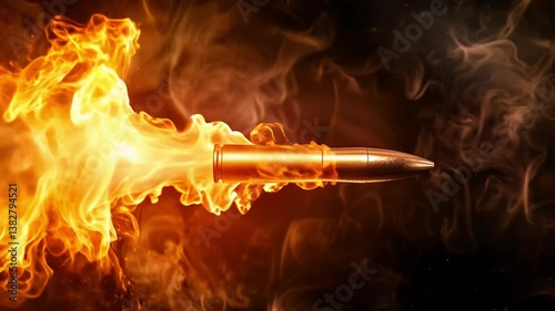 Burning bullet flying through fire and smoke in dramatic action scene