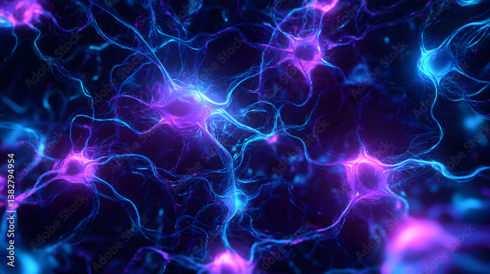 Obraz premium A vibrant depiction of neural connections, showcasing the intricate pathways of the brain in vivid blue and purple hues.