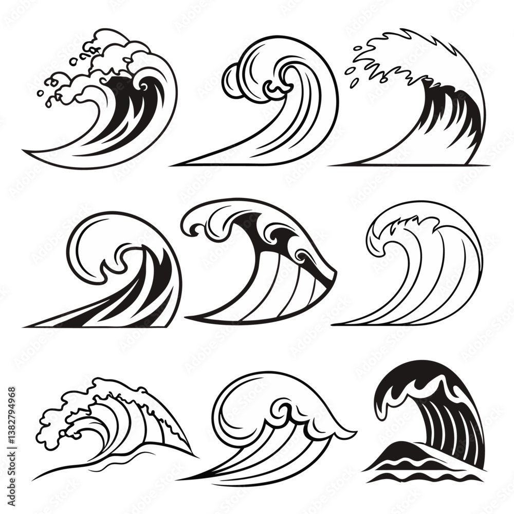 Fototapeta premium Collection Of Black Wave Icons Ocean Sea Water Illustration Multiple Objects Isolated On White Background 