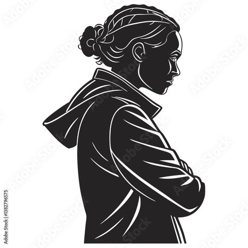 Pensive Woman In Hoodie Profile View Casual Wear Female Figure Single Object Vector Design Isolated On White Background