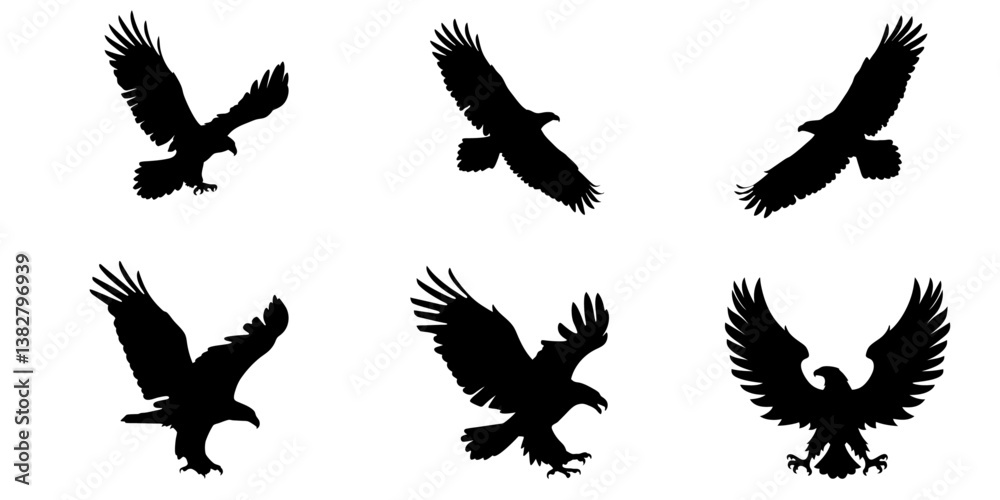 Fototapeta premium Flying Eagle Silhouette Set In Motion For Wildlife Freedom And Bird Watching Design Concept