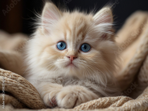 kitten big blue eyes sitting on a cozy blanket with its tiny paws tucked in