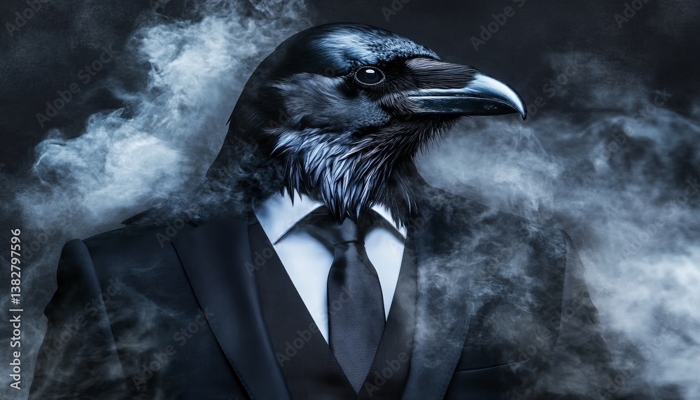 Fototapeta premium Anthropomorphic Raven in Suit, Mysterious and Dark, on a Black Background, Animal Human Blend