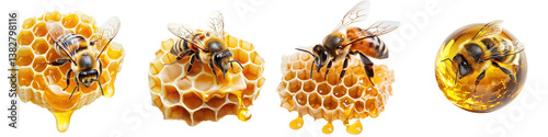 Bee and Honeycomb Clipart Concept for Spring Design. A series of honeycombs and bees, showcasing the intricate structure of honeycomb and the bees collecting honey