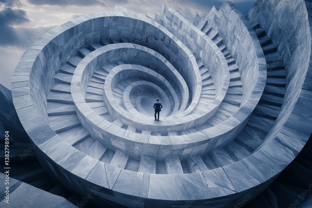 Fototapeta premium A businessman trapped inside a massive downward spiral chart