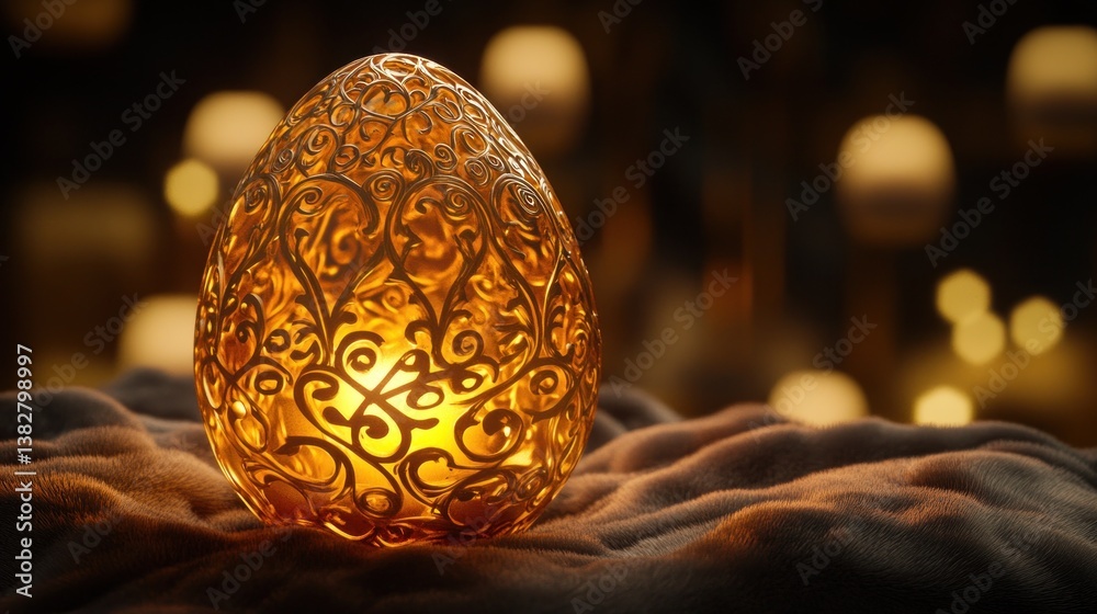 Glowing Decorative Egg with Intricate Design on Soft Fabric Surface