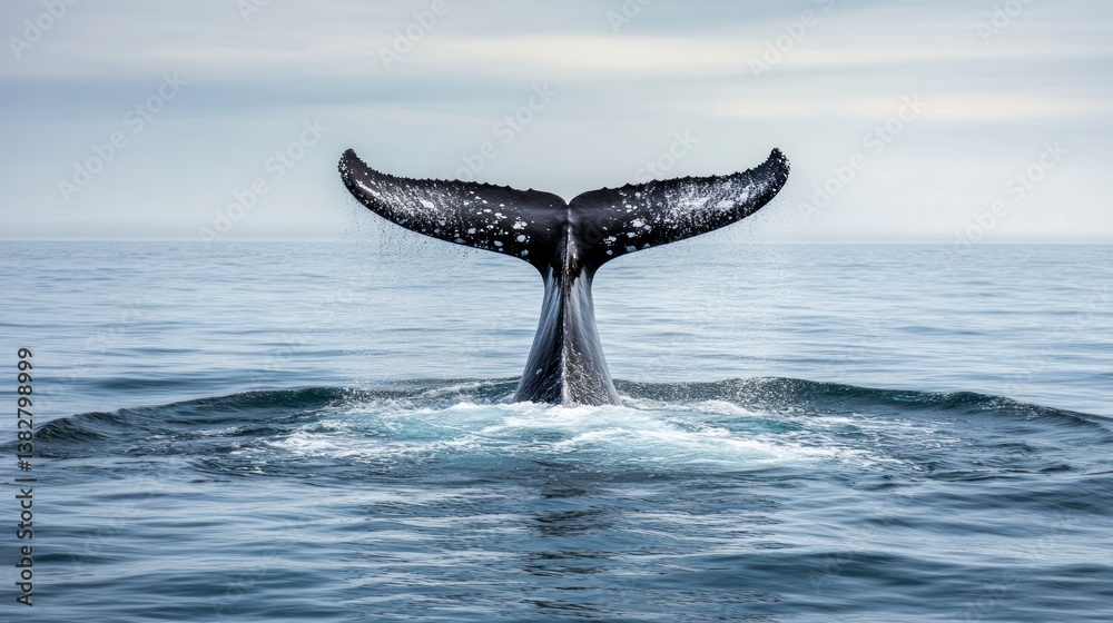 Whale Tail Emerging From the Sea with Splashes in Open Water