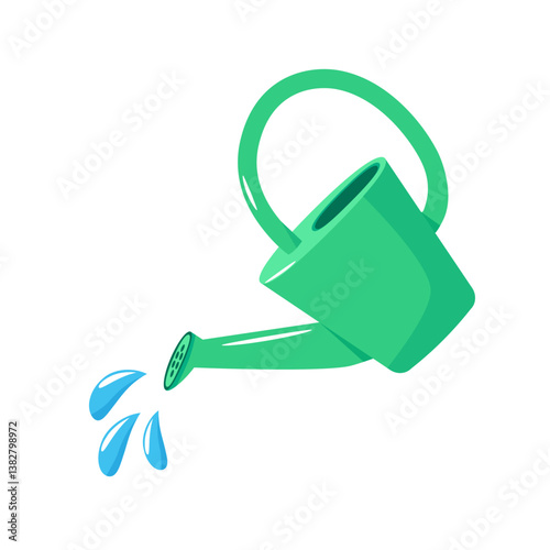 Green plastic watering can with drops of water isolated on white background. Gardening tool. Vector illustration in flat style.