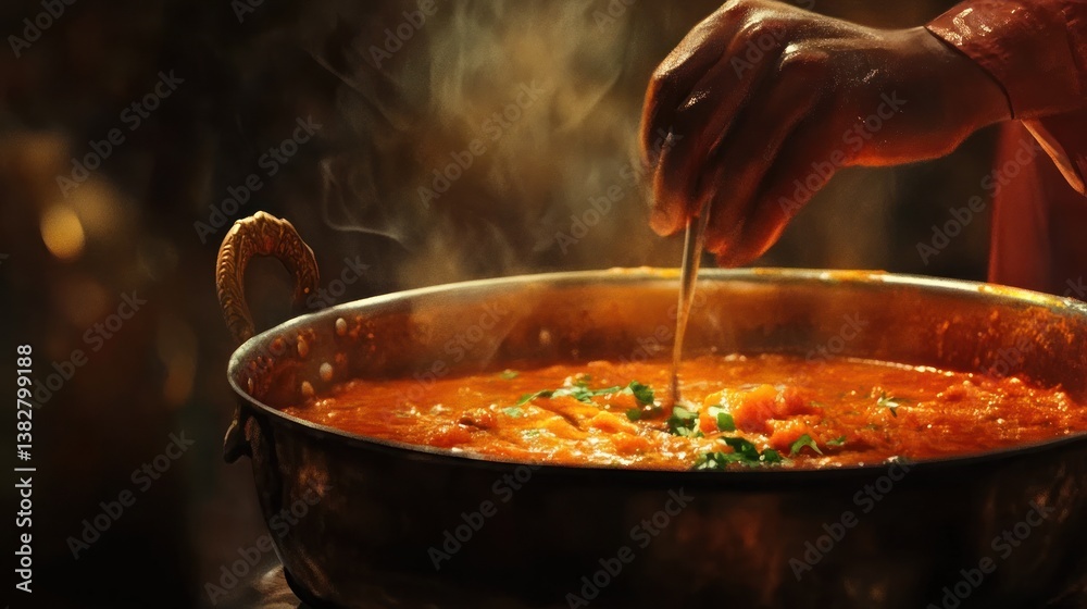 Cooking Vegetable Stew Stirring in Pot with Rising Steam