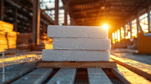 Stacked insulation blocks on a wooden pallet inside a large industrial building, bathed in golden sunlight