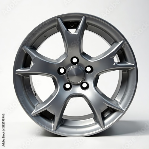 Close-up of brand new silver alloy car wheel on white background, close-up, wheel, background