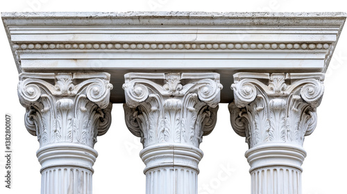 Ornate classical column capitals adorn architectural structure, cut out transparent