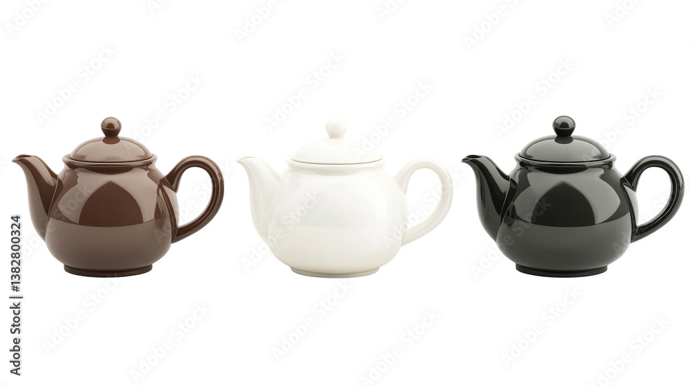 Three teapots, white, black, brown colored, cut out transparent Three teapots, white, black, brown colored, cut out transparent