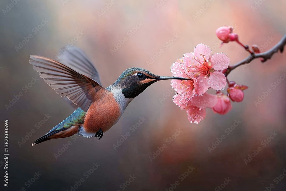 Fototapeta premium Hummingbird feeding on pink blossoms in mid-air with delicate wings spread