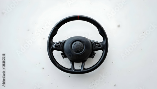 Modern Black Car Steering Wheel Isolated on White Background – Automotive Interior Component for Vehicle Design, Mockups, and 3D Visualization photo