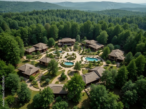 A self sustaining eco village surrounded by forests, utilizing only renewable resources.