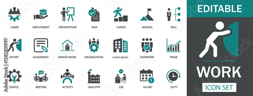 Work Icon Set  A versatile icon set featuring labor, employment, remote work, skill, and more. Perfect for business, HR, and corporate tasks.