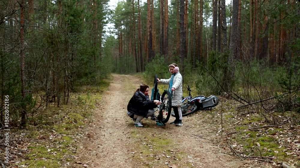 Cyclists fix bike tire in forest trail surrounded by trees during a peaceful afternoon