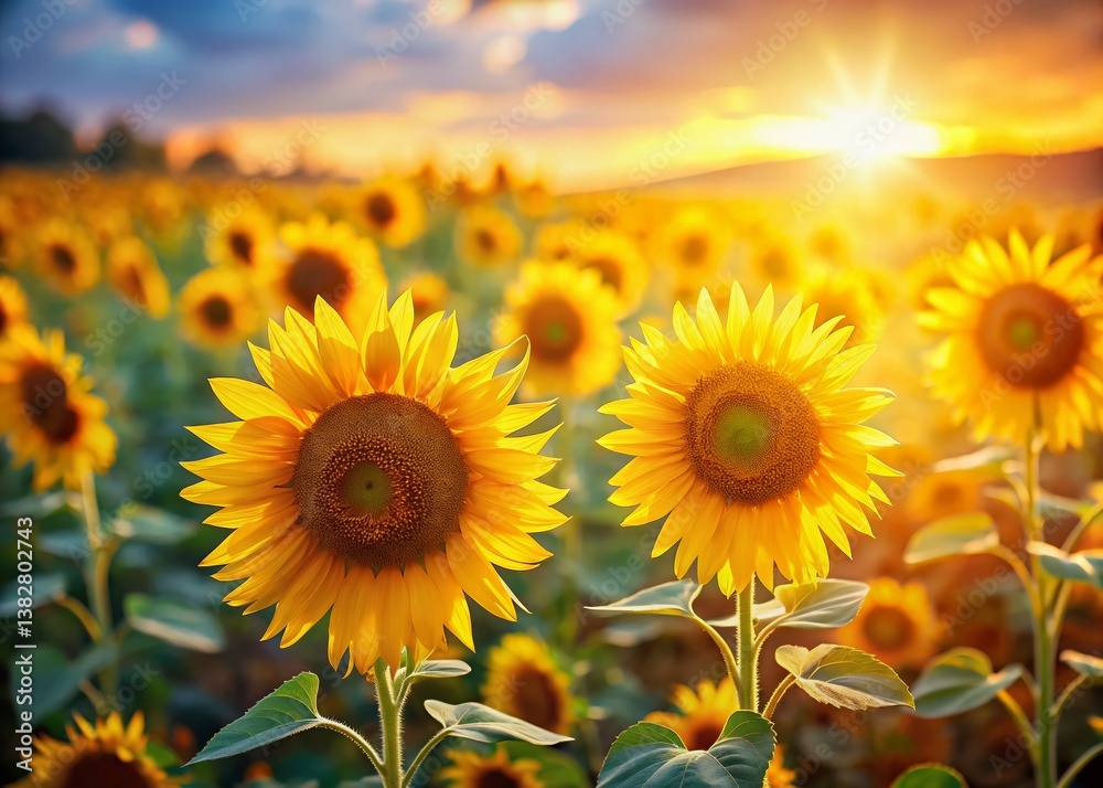 Fototapeta premium Miniature Sunflower Field Bloom, Tilt-Shift Photography, Summer Landscape