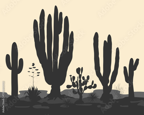 Desert seamless pattern with black cacti silhouettes. Wild American West landscape. Vector illustration