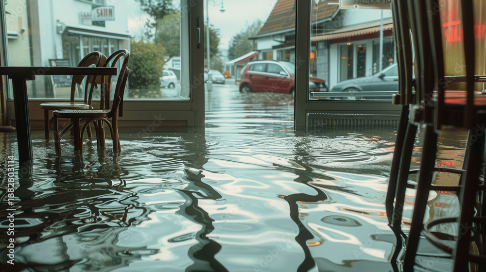 Water fills the interior of the caf, affecting chairs and tables while views of cars outside are partially obstructed by rising flood levels