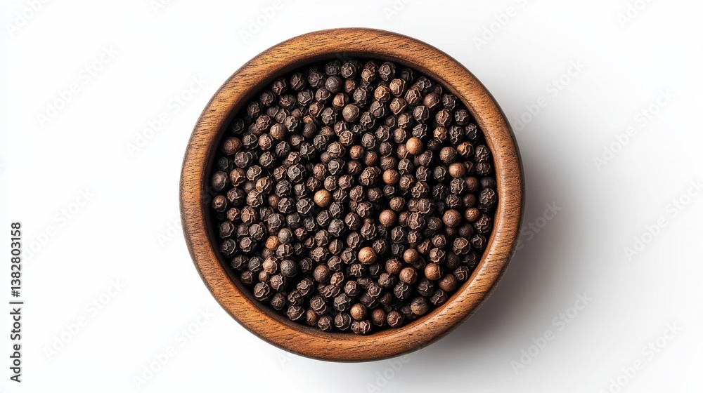 A top-down view of black peppercorns in a wooden bowl on a white backdrop A top-down view of black peppercorns in a wooden bowl on a white backdrop