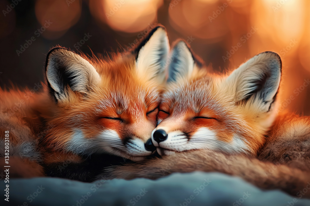Obraz premium Two Adorable Foxes Sleeping Together: A Heartwarming Wildlife Scene